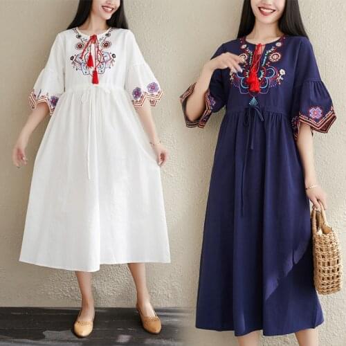 2021 New Arrival Fashion Women Summer Dress Cotton Tassel Bandage Embroidery Vintage Holiday Travel Casual Dress Women Dresses