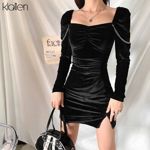 KLALIEN Fashion Elegant Solid Black Mini Bodycon Dress Women 2021 Spring New Simple Party Vacation Birthday Festival Dress Lady