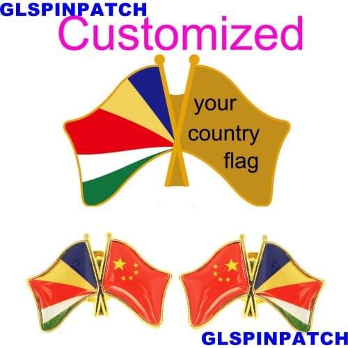 Seychelles Crossed Friendship Flag Double Country lapel pin Brooch USA UK France Chile Russia Saudi Arabia Japan Spain Badge
