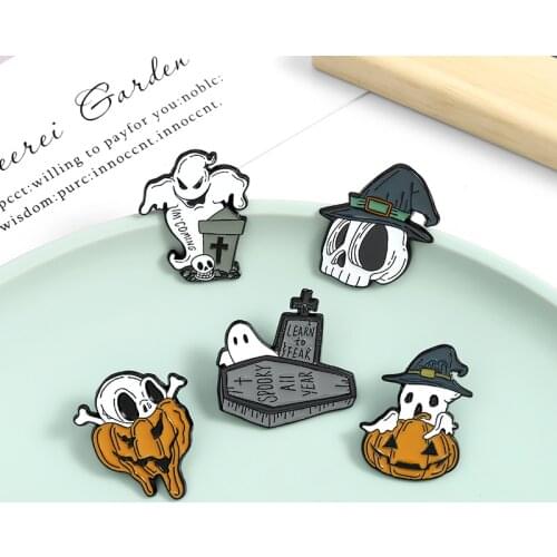Halloween Enamel Pin Pumpkin Ghost Skeleton Skull Grave learn to fear Brooch Bag Lapel Pin Gothic Badge Jewelry Gift for Friends