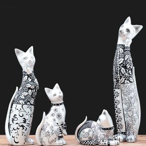 1 PC Silver carved cat Figurines Resin Animal Miniature Crafts feng shui statues office desk home decoration accessories modern