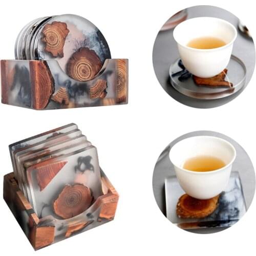 2 Set Creative Resin Wood Coasters with Holder Heat-resistant Drink Mat Tea Coffee Cup Tableware Pad Table Decor Wholesale XB