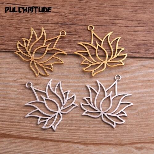 8PCS 37*39mm Metal Alloy Two Color Hollow Lotus Charms Plant Pendants for Jewelry Making DIY Handmade Craft