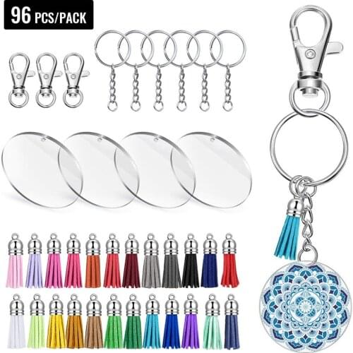 24 Pieces Acrylic Transparent Circle Discs, 2 Inch Diameter Round Clear Acrylic Keychain Blanks and Tassel Pendant 96pcs Keyring