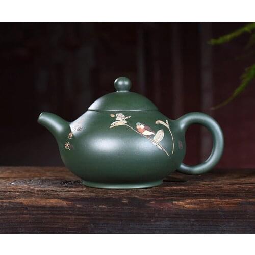 Purple clay pot genuine handicraft original mine green mud painted jade breast pot Kungfu teapot tea set wholesale