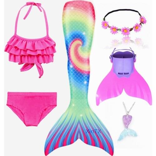 2020 NEW!6PCS/Set Rainbow style Mermaid Tail Swimsuit with Flipper for Kids Girls Holiday Dress Costume Bathing Swimuit