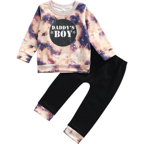 2-6Years Children Tie-dye Clothes Set Boys Letter Print Long Sleeve O-neck T-shirt + Elastic Waist Trousers