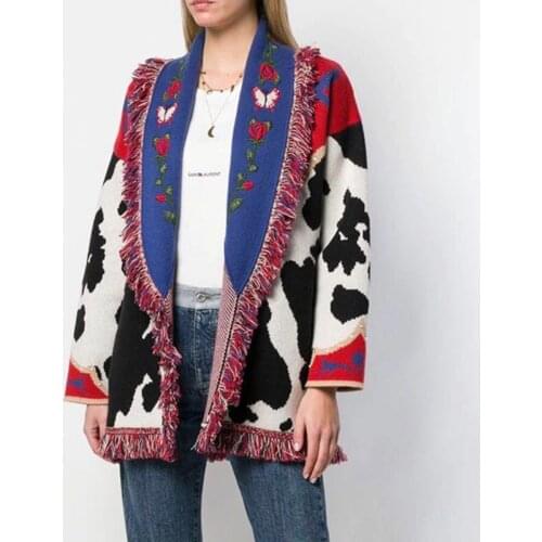 Jastie Vintage Multi Colored Oversize Cardigan Women Shawl Lapel Long Sleeve Cardigans Sweaters Embroidered Knitwear Outerwear
