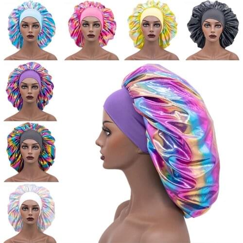 1pc Fashion Comfort Women Laser Satin Bonnet Wide Band Cap Night Sleep Hair Loss Chemo Cap Head Coverings Hair Accessories