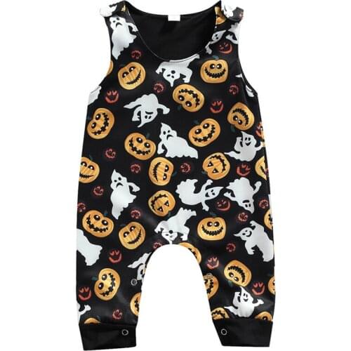 Baby Boy Halloween Pumpkin Ghost Printed Romper Sleeveless O-Neck Jumpsuit 0-24M Newborn Infant Festival Holiday Outfits Clothes