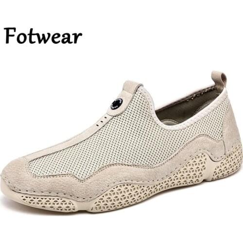 Men Casual Shoes Genuine Leather Mens Sneakers Slip On Breathable Mesh Adult Driving Shoes Massage Men Loafers Handmade Footwear