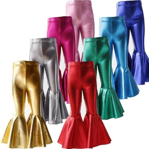 New Fashion Gilding Coated Fabric Girls Clothes Solid Bell Bottom Leggings Ruffle Bellbottoms Skinny Leather Pants Kids Trousers