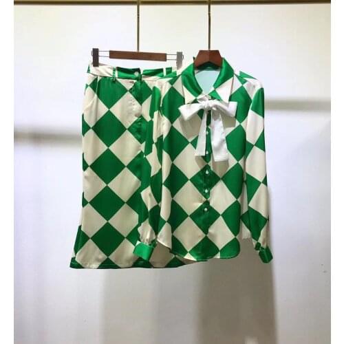 Runway Fashion 2 Pieces Sets 2021 Spring Summer Color Patchwork Long Sleeves Blouse+Mid Calf Skirt Elegant Set