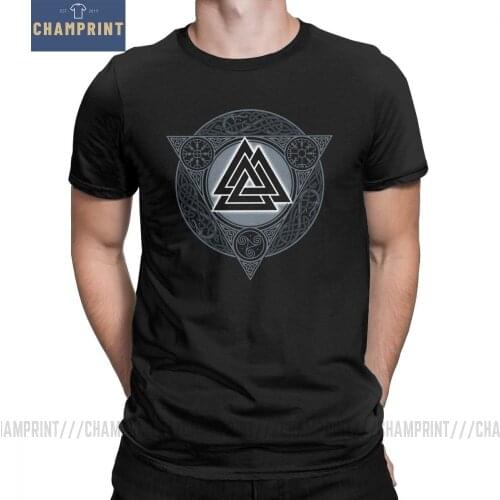 Mans Valknut Ice Flame Vikings Valhalla Odin T-Shirt Vintage Crew Neck Short Sleeves Tops Pure Cotton Tees Classic T Shirts