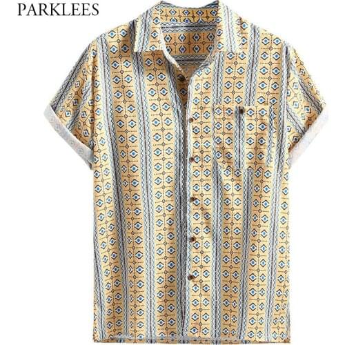 Ethnic Style Floral Printed Mens Shirt 2020 Casual Loose Retro Hawaiian Shirts for Men Striped Button Chemise Homme with Pocket
