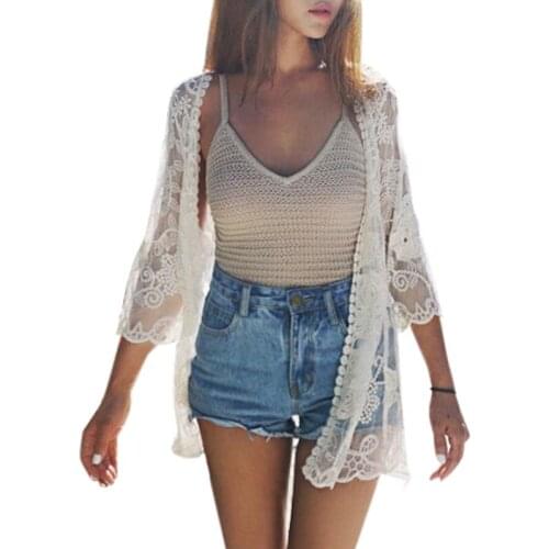 N7ME Womens Summer Casual See Through Lace Open Front Beach Kimono Cover Up