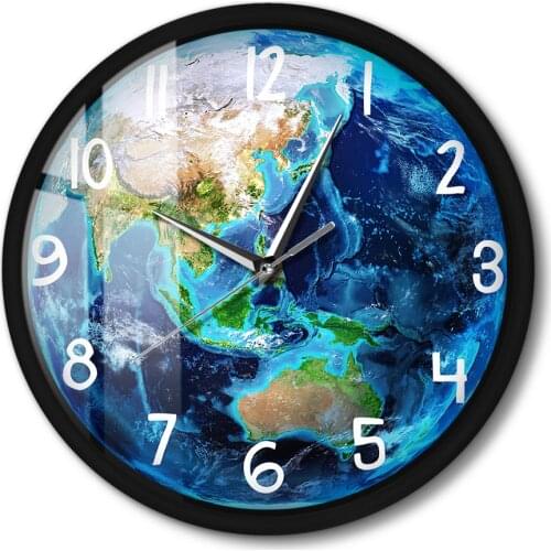 Blue Planet Earth Modern Design Wall Clock Metal Frame Voice Control LED Lighted Clock Silent Round Wall Watch For Living Room