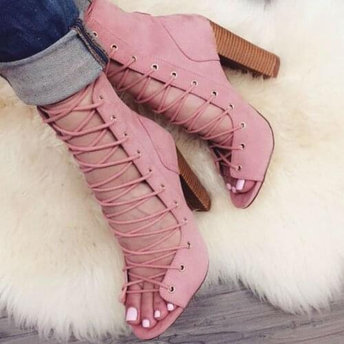 Newest open toe lace-up ankle boots woman high quality suede boots thick heels high heel boots gladiator sandal boots pink nude