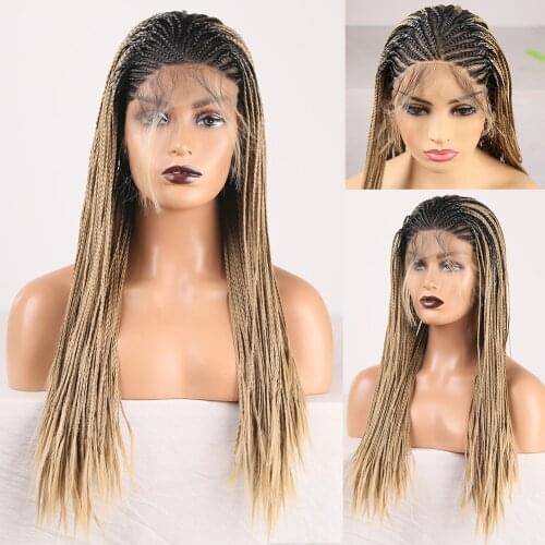 AIMEYA Dark Roots Ombre Blonde Long Braided Synthetic Lace Front Wigs for Black Women Baby Hair Box Micro Braid Cosplay Lace Wig