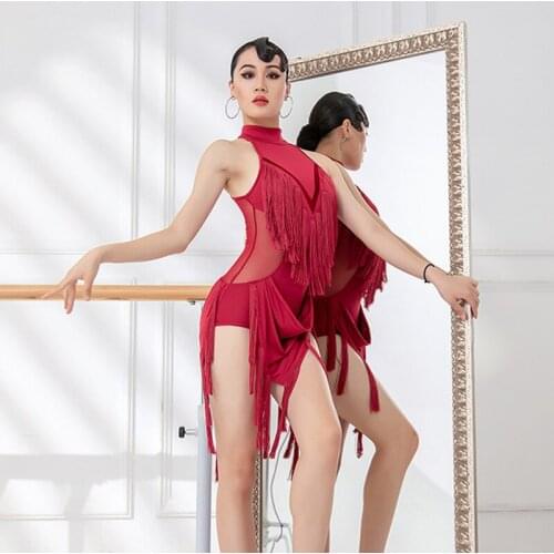 Latin Dance Competition Dress Ladies Rumba Practice Fringe Clothes Samba Tango Salsa Ballroom Dance Red Tassel Costumes DWY6299