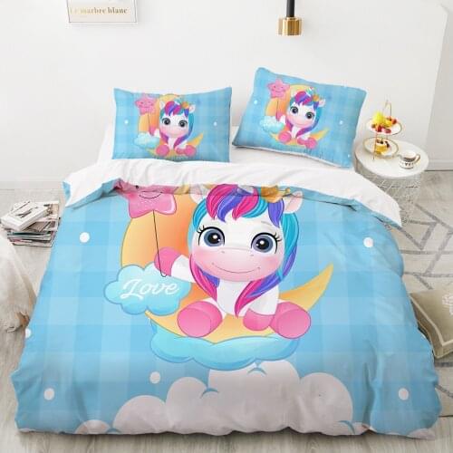 Child duvet cover set cartoon bedding set for kids children baby 140x200 twin single Bed linen Customizable size blue unicorn