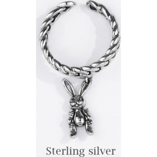 Season Gate 925 Sterling Silver Creative Simple Cute Rabbit Pedant Wave Weaving Adjustable Size Open Ring SR106