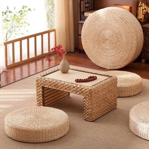 Tatami Cushion Breathable Japanese Style Cushion Round Natural Straw Weave Handmade Japanese Style Pillow for Home Decoration