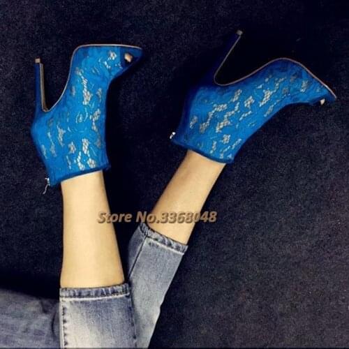 Lace Peep Toe Ankle Booties Thin High Heels Back Zipper Blue Women Shoes Hollow Breathable Real Picture Runway Dress Women Shoes