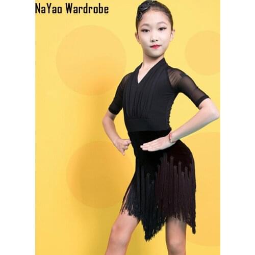 2021 New G3363 Kids Latin Dance Dress V Neck Tassel Patchwork Design Girl Latin Dancing Cloth Stage Ballroom Dancewear L8062
