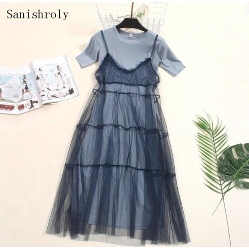 Two-piece 2021 Sumemr Women O Nech Short Sleeve Long T Shirt Dress V Neck Mesh Camisole Dresses Lady A Line Lace Dress Vestidos
