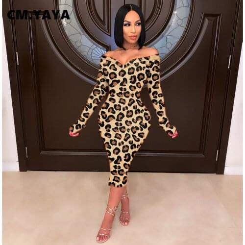 CM.YAYA Leopard Plunging V-neck Off Shoulder Midi Bodycon Dress for Women Sexy Club Party Night Knee Length Dresses Vestidos