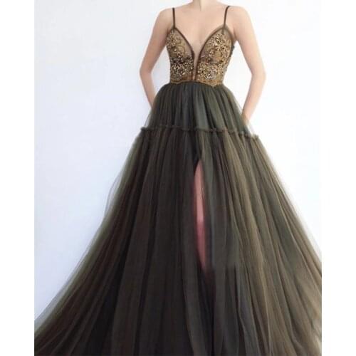2021 Beaded V Neck Evening Dresses Ball Gown Saudi Arabia Spaghetti Straps High Split Formal Evening Party Gowns Robe De Soiree
