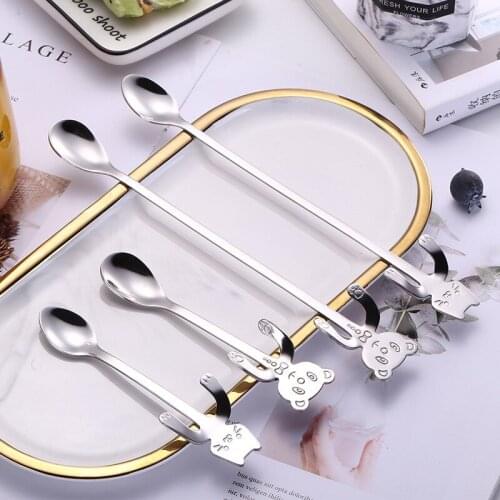 304 Stainless Steel Coffee Spoon Cartoon Cute Cat Spoon Long Handle Hanging Cup Mug Ice Cream Mini Spoon Tableware Kitchen Tools