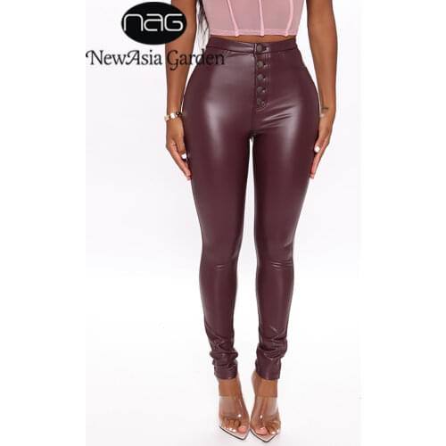 NewAsia Faux Leather Pants Button up Pencil Pants with Pocket Bodycon High Waist Trousers Women Fall Fashion Streetwear 2020 New