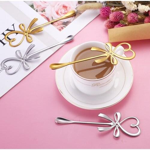 3D Bow Knot Heart Shaped Coffee Spoon Tea Dessert Spoon Love Bow Hanging Stainless Steel Spoon Stirring Spoon Wedding Gift