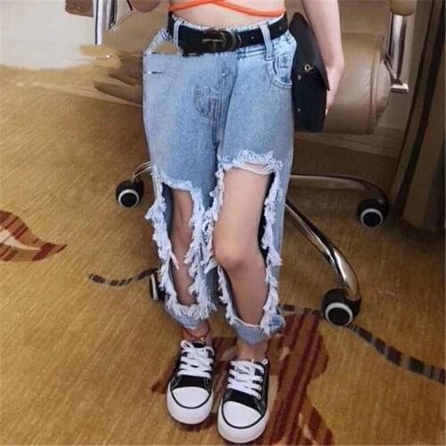 Children Baby Jeans Girls Distressed Jeans Kids Toddler Denim Broken Hole Jeans Ripped Pants Trousers Baby Girl Clothing 2-7Y