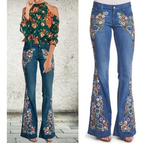 Womens Oversized Denim Pants Embroidered Boot Cut Flared Jeans Vintage Mom Jeans Plus Size Trousers XS-4XL