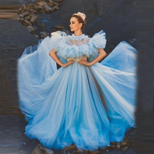Elegant Blue Tulle Formal Dresses High Neck Lace Ruffles Puffy Shoulder Ruffles Long Women Party Photo Shoot Gowns