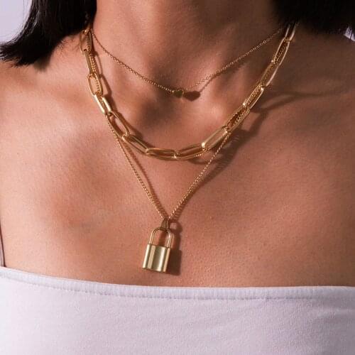 Hot Sale Multi Layered Heart Lover Lock Pendant Necklace For Women Steampunk Padlock Long Chain Collar Couple Gift Jewelry