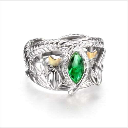 Solid 925 Silver Shiny Green Crystal Ring, Prince Aragorns Ring of Barahir, Sterling Silver Cool Snake Heads Crown Ring