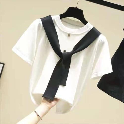 LJSXLS Knitted Short Sleeve Womens T-shirt Summer New Fake Two-piece Tshirts Female Blue O-Neck Tops Casual Woman Clothes 2021