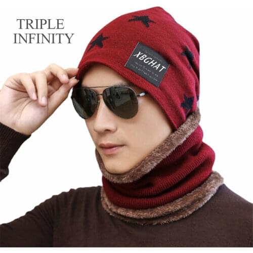 TRIPLE INFINITY Fashion Mens Winter Hat Thick Soft Warm Knitted Male Hats Scarf Comfortable Sports Ski Skullies Beanies Bonnet