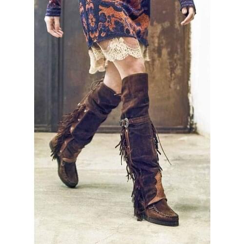 Fashion Patchwork Tassel Thigh Boots Rivets Studs Flat Martin Boots Woman Slip on Fringed Buckle Over The Knee Boots