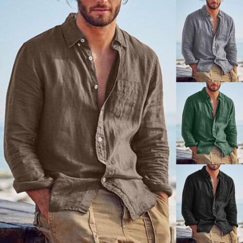 53# Mens Casual Solid Color Top Autumn Fashion Loose Button Casual Pocket Linen Cotton Long Sleeve Top Plus Size футболка