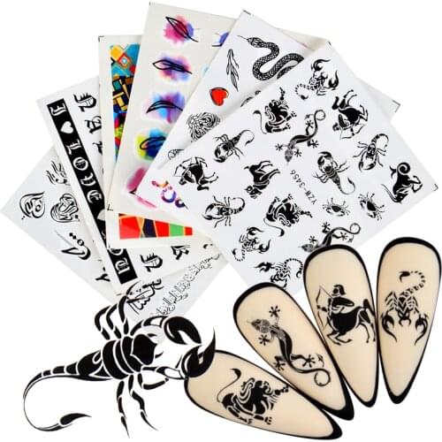 Body tattoos Design Nail Sticker Snake Dragon Butterfly Black Scorpion Water Transfer Decals Nail Art Slider Adhesive Decoration