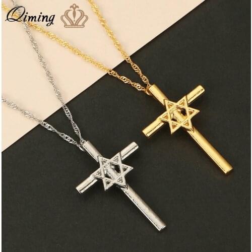QIMING Jesus Star Of David Cross Necklace Women Hexagram Hamsa Hand Evil Eye Religious Amulet Gift For Mom Dad Necklace