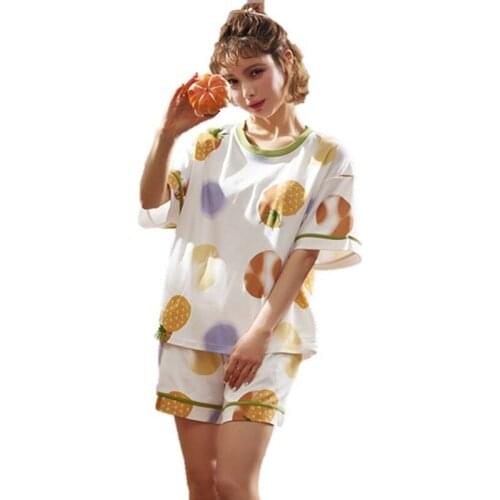 Summer Pajamas For Women Knitted Cotton Pajama Sets Short Sleeve Round Neck Casual Soft Big Size Homewear Pyjama Femme
