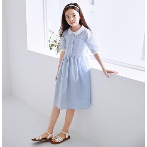 Girls Elegant Peter pan Collar Shirt Dresses 8 10 12 years School Clothes Blue Striped Casual Cotton Dress