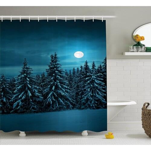 Night Shower Curtains Tranquil Blue Night with Moon in Woods Covered with Snow Serene Winter View Bathroom Curtain Bath Mat