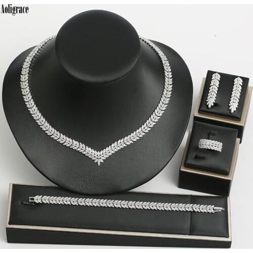 Western Full Cubic Zirconia CZ Crystal Necklace Dangle Earrings Bracelet Jewelry Set for Women Wedding Party Bridal Bridesmaid